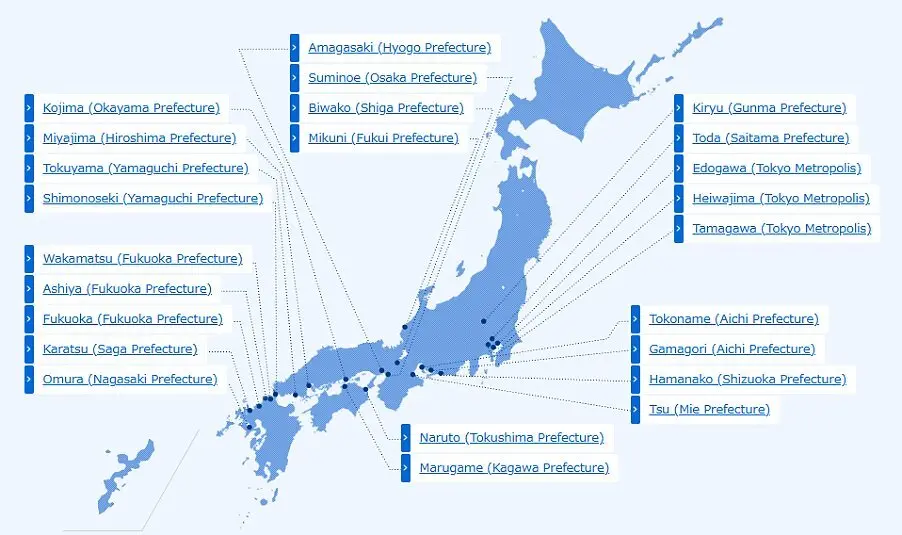 Map of boat race stadiums in Japan