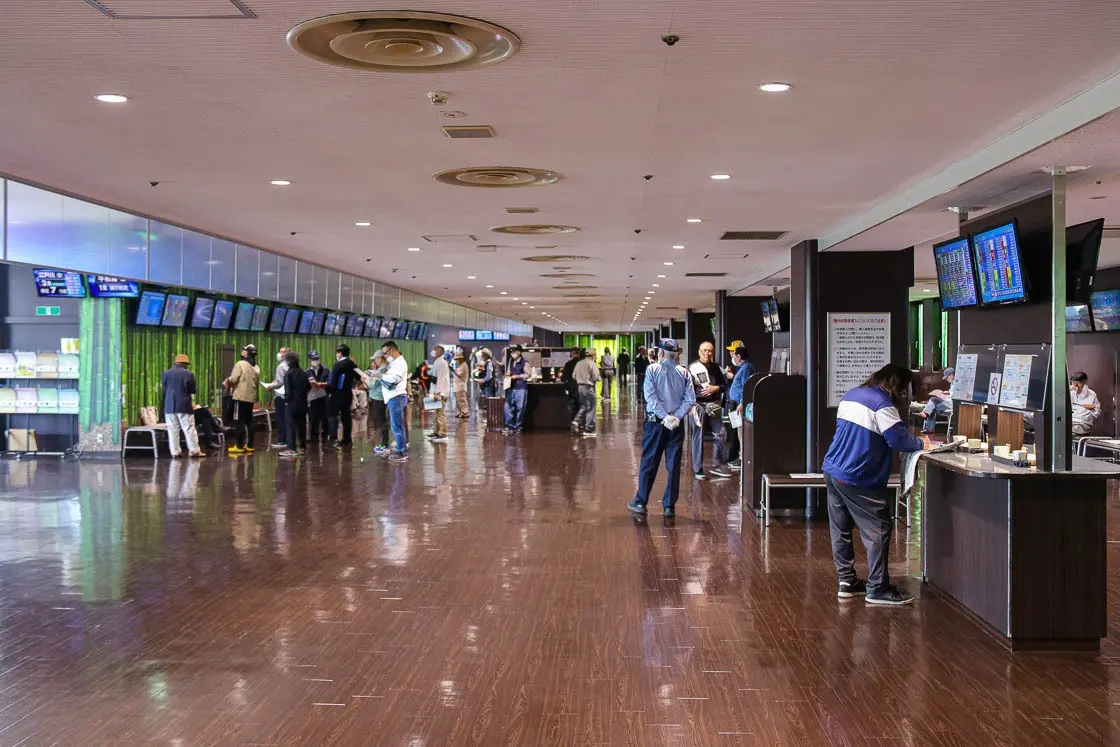 Indoor hall from where spectators can view the course as well as see the monitors displaying races from elsewhere in the country. Picture taken at the Edogawa Boat Race stadium