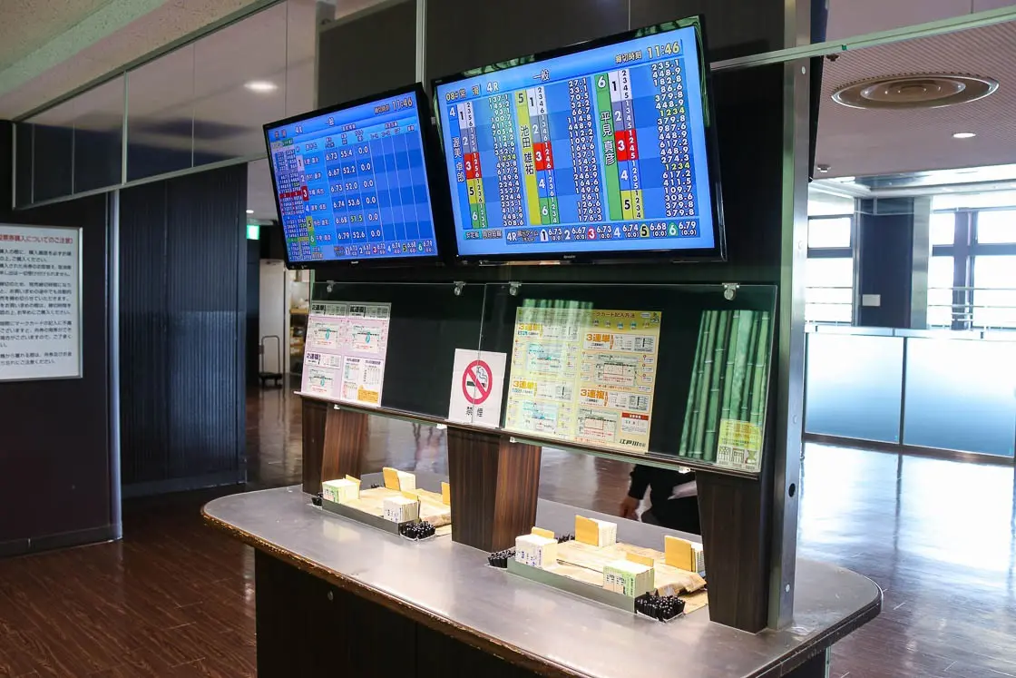 Monitors displaying information and betting cards. Picture taken at the Edogawa Boat Race stadium