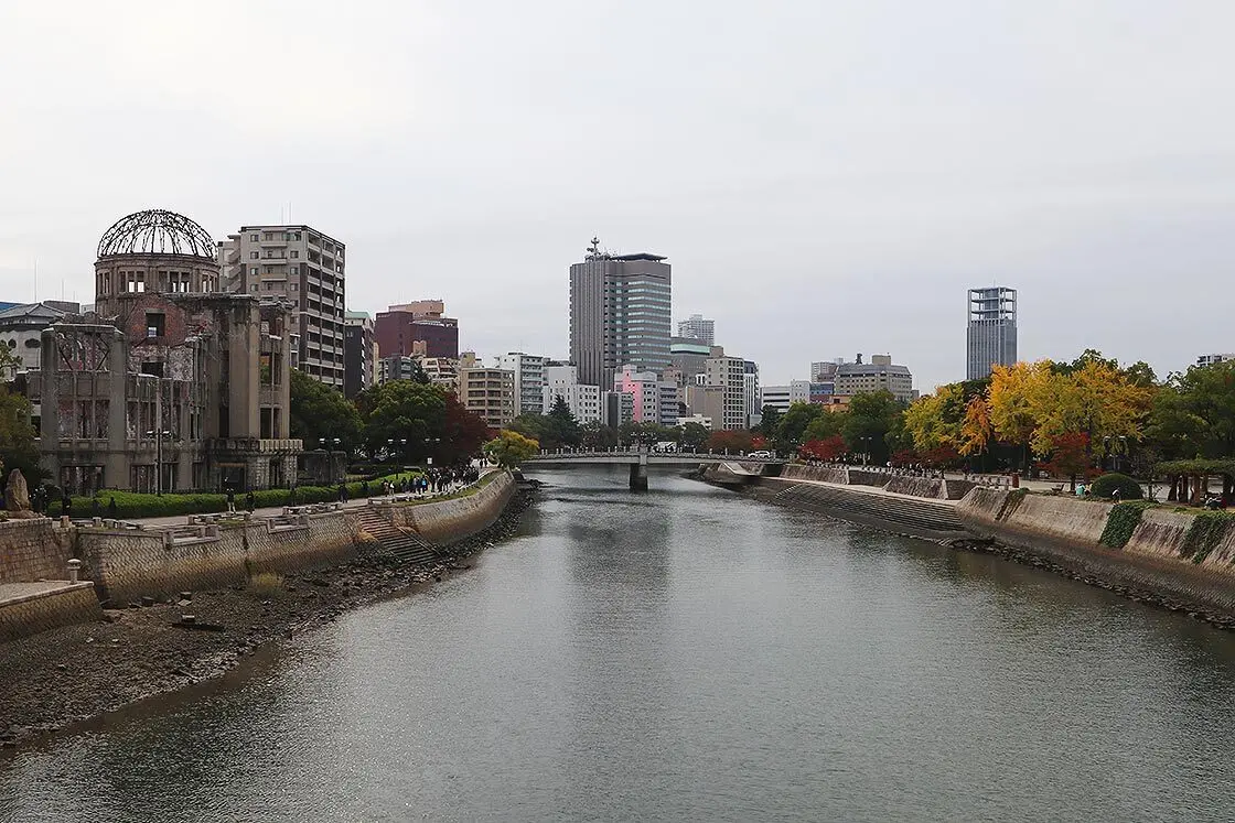 Looking along the river past the peace park and Atomic Bomb Dome