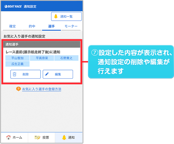 設定した内容が表示され、通知設定の削除や編集が行えます