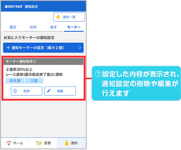 設定した内容が表示され、通知設定の削除や編集が行えます