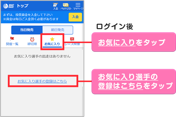 ログイン後、お気に入りをタップ　お気に入り選手の登録はこちらをタップ