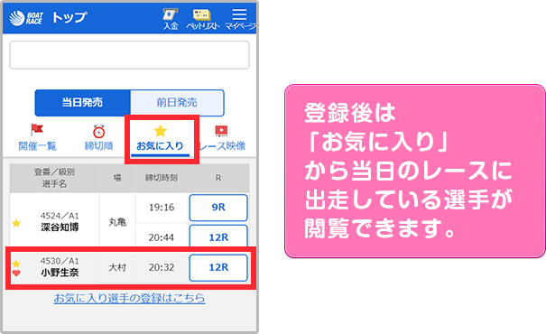 登録後は「お気に入り」から当日のレースに出走している選手が閲覧できます。