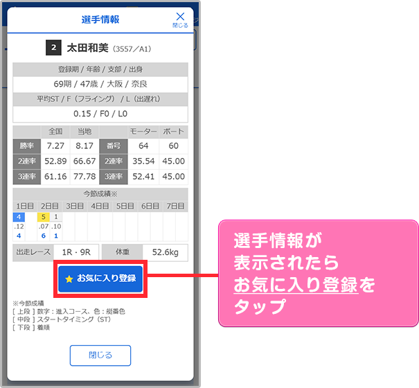 選手情報が表示されたらお気に入り登録をタップ