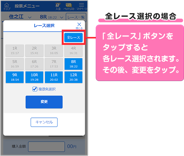 「全レース」ボタンをタップすると各レース選択されます。その後、変更をタップ