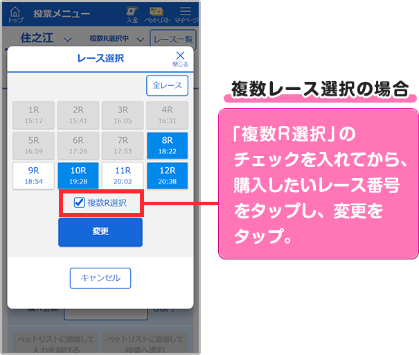 「複数R選択」のチェックを入れてから、購入したいレース番号をタップし、変更をタップ。